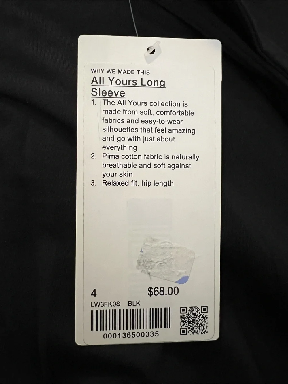 Lululemon All Yours Long Sleeve in Black (Size 4)